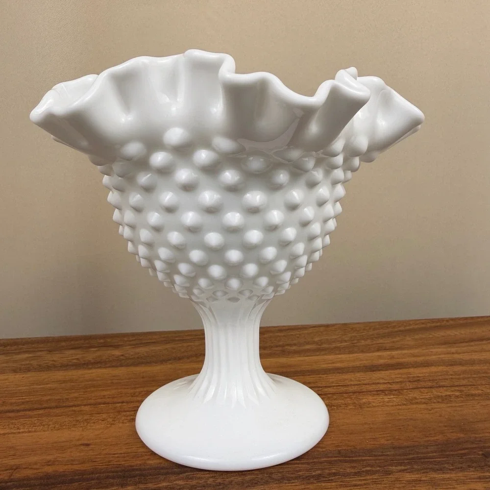 Fenton Milk Glass Hobnail Compote Bowl Ruffled Edge Pedestal Candy Dish  6in